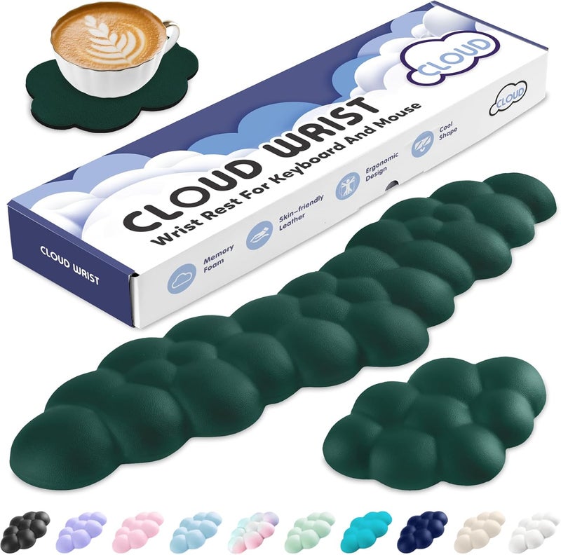 Sushret Cloud Wrist Rest for Keyboard and Mouse, Memory Foam PU Leather Keyboard Wrist Rest with Ergonomic Support, Non-Slip Base, Cute Arm Rest Pad & Palm Cushion, Office Desk Accessory, Dark Green - Image 1
